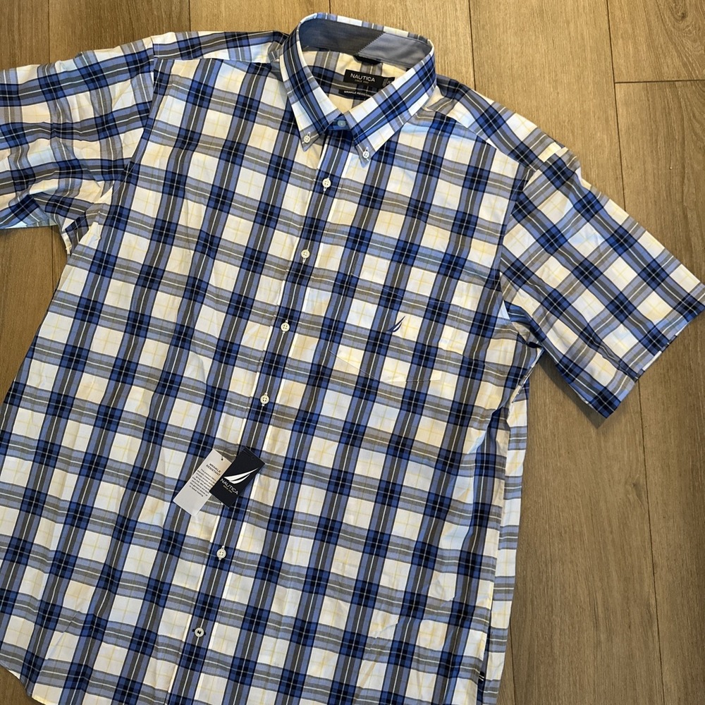 Nautica Mens 2XLT Short Sleeve Plaid Button Down Shirt Blue Coastal Beach NWT